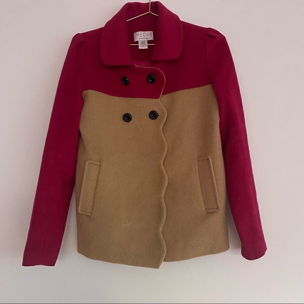 The Cue by Cher Qu Pink and Tan Color Blocked Wool & Cashmere Scalloped Coat XS